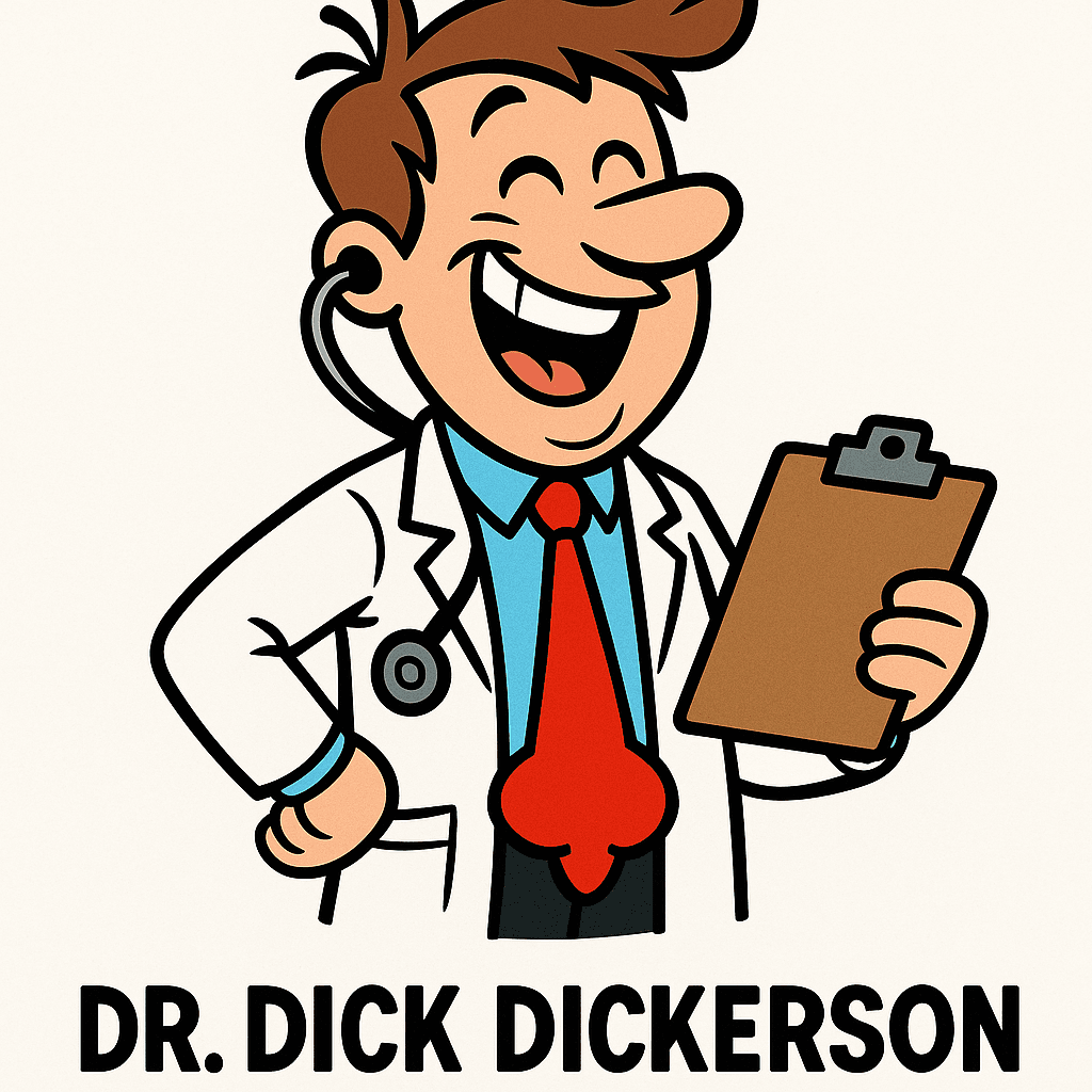 Dr. Dick Dickerson — cartoon doctor character with red tie and teal stethoscope